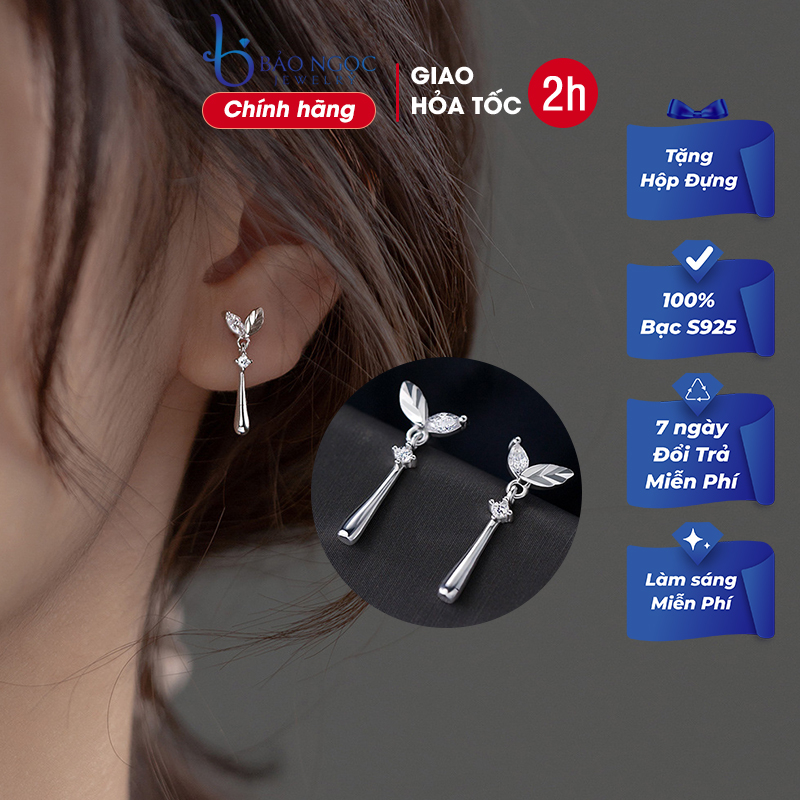 Khuyên tai bạc nữ 925 dáng dài họa tiết lá đính đá tinh tế xinh xắn dễ thương - B2715 - Bảo Ngọc Jewelry