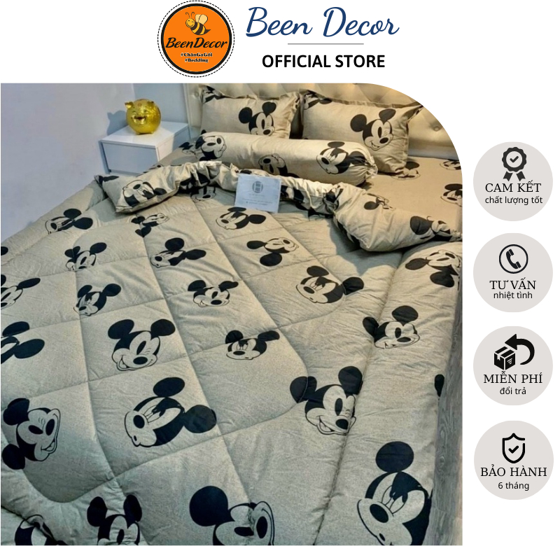 (Hot trend) Set 5 món chăn phao trần bông Mẫu Mickey Nâu, Chăn bông hơi siêu nhẹ 1m8-2m, Ga gối đủ size nệm