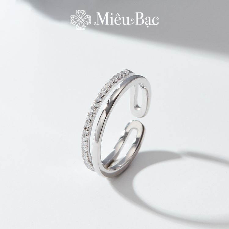 Nhẫn bạc nữ Miêu Bạc hai hàng đính đá trắng bản hở chất liệu bạc s925 thời trang phụ kiện trang sức nữ N000409