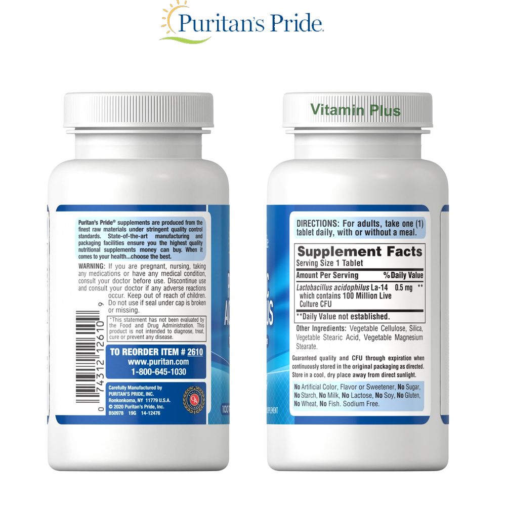 Viên uống bổ sung lợi khuẩn Puritan's Pride Probiotic Acidophilus 100 viên