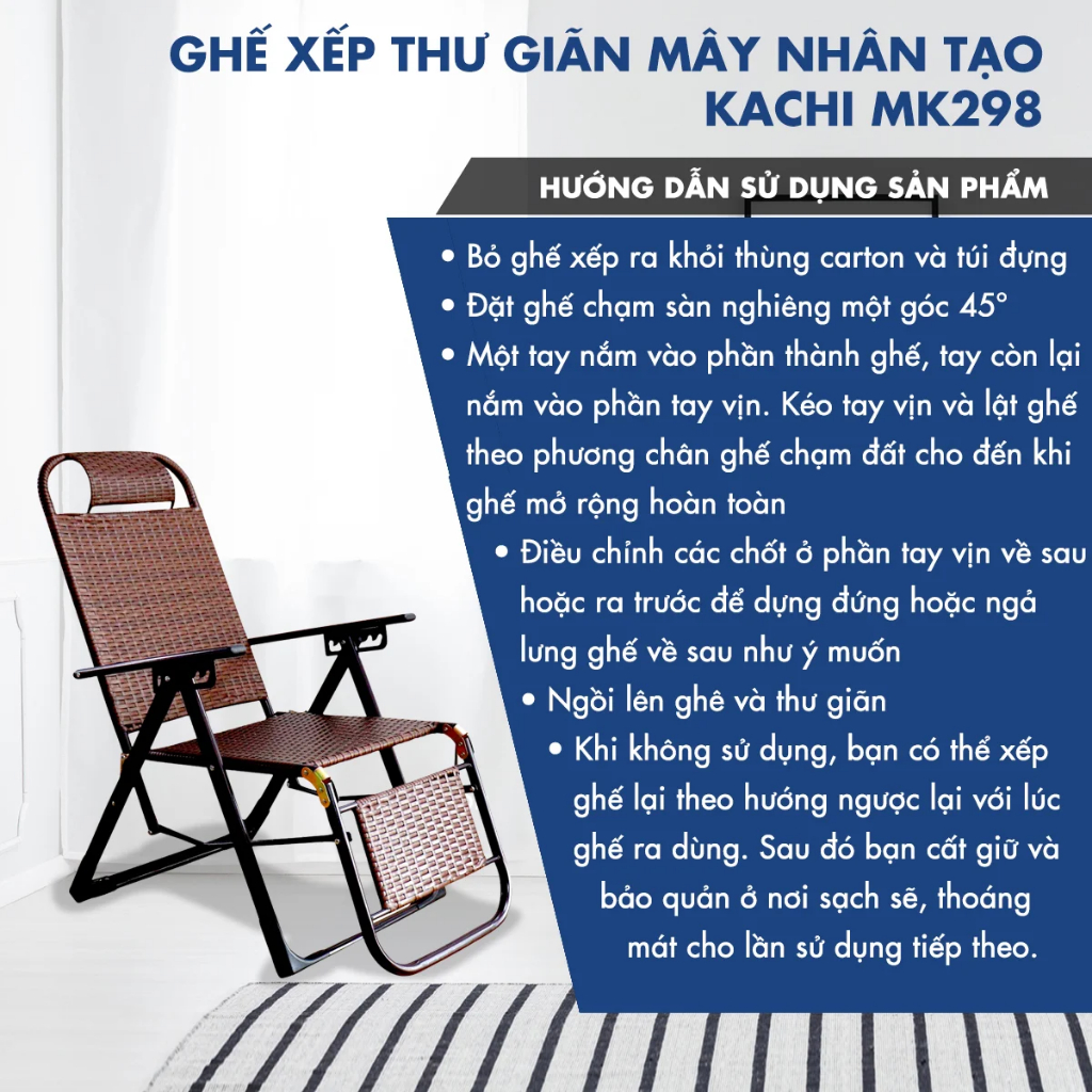 Ghế Xếp Thư Giãn Mây Nhân Tạo Kachi MK298 bền gấp 20 lần ghế vải lưới