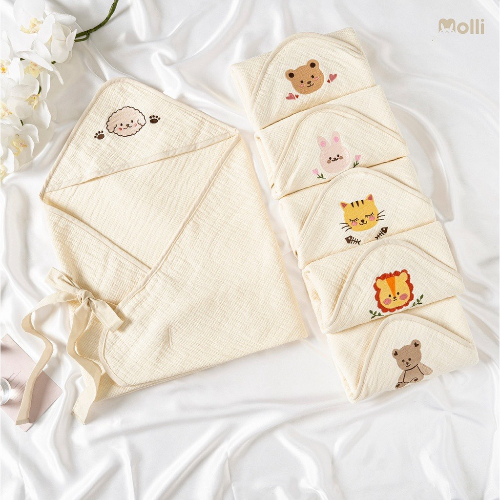 Khăn quấn/ choàng ủ sơ sinh đa năng MOLLI vải sợi Muslin cao cấp 80cm x 80cm