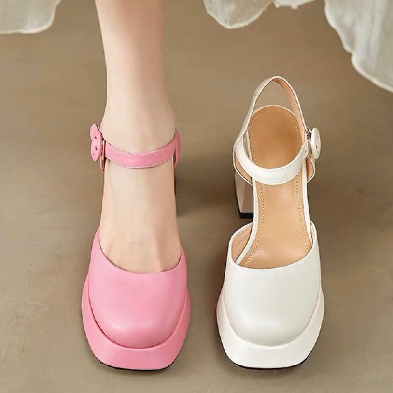 ORDER 🍂 Giày gót trụ mũi tròn da trơn da lộn phối viền 34-39 9cm