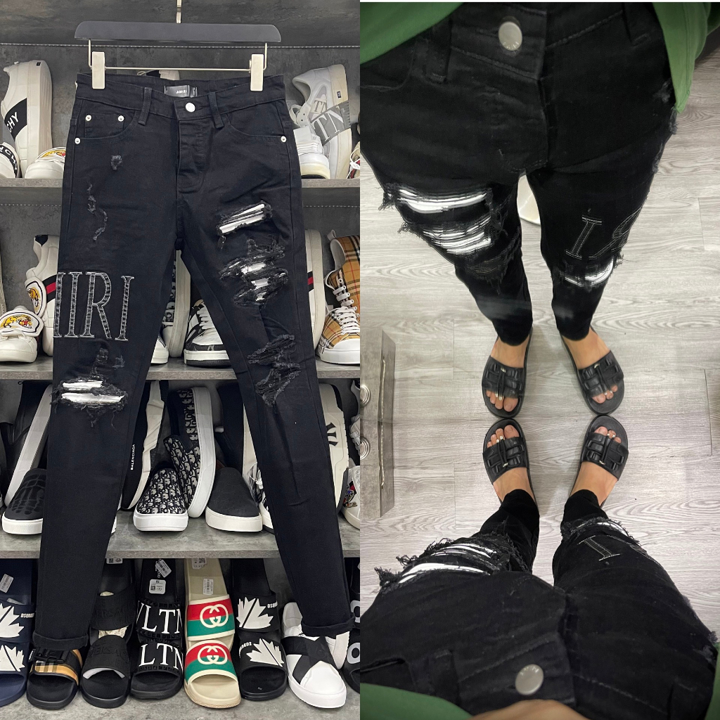 Quần jean bò nam Amiri slimfit đen thêu chữ da đùi phối rách vá da nhăn trắng 4 cúc chữ cao cấp QJ304P
