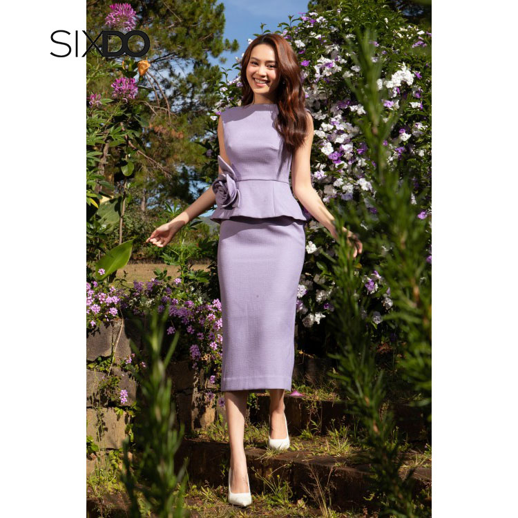 Đầm ôm kèm hoa eo SIXDO( Purple Peplum Midi Raw Dress)