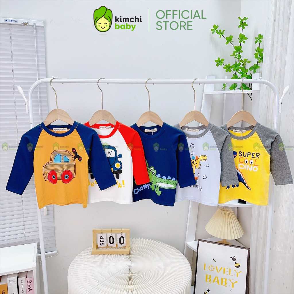 Áo Dài Tay Bé Trai, Bé Gái KIMCHIBABY Vải Cotton Tay Raglan Hoạ Tiết Ô Tô, Áo Thun Cho Bé Mặc Thu Đông KCAD302