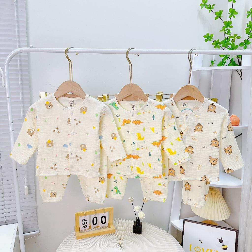 Đồ Bộ Bé Gái, Bé Trai Vải Muslin Mềm Mịn Hoạ Tiết Gấu Nâu, Bộ Quần Áo Cho Bé Mặc Nhà Thu Đông CKTD301
