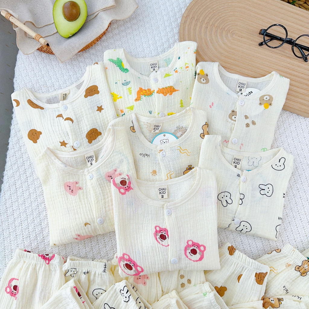 Đồ Bộ Bé Gái, Bé Trai Vải Muslin Mềm Mịn Hoạ Tiết Gấu Nâu, Bộ Quần Áo Cho Bé Mặc Nhà Thu Đông CKTD301