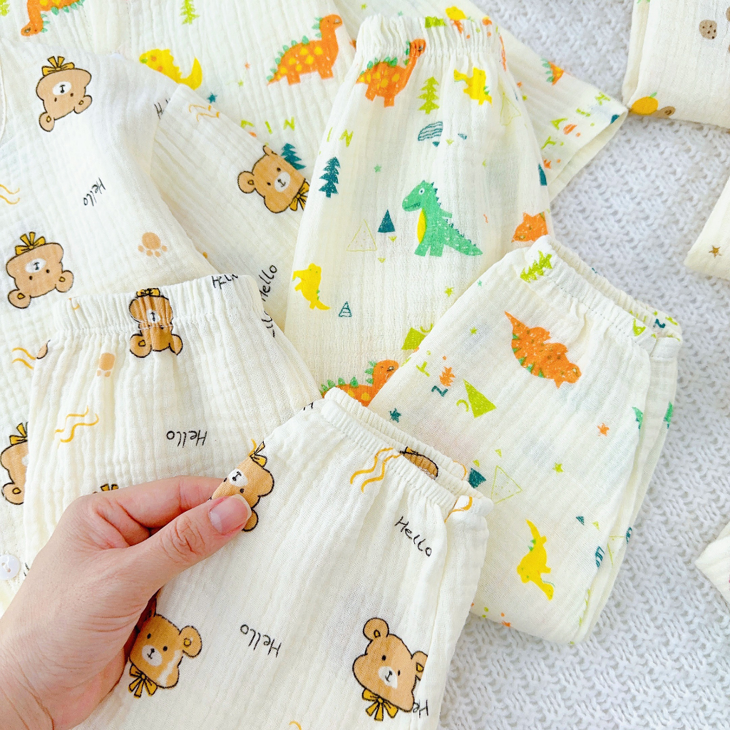 Đồ Bộ Bé Gái, Bé Trai Vải Muslin Mềm Mịn Hoạ Tiết Gấu Nâu, Bộ Quần Áo Cho Bé Mặc Nhà Thu Đông CKTD301