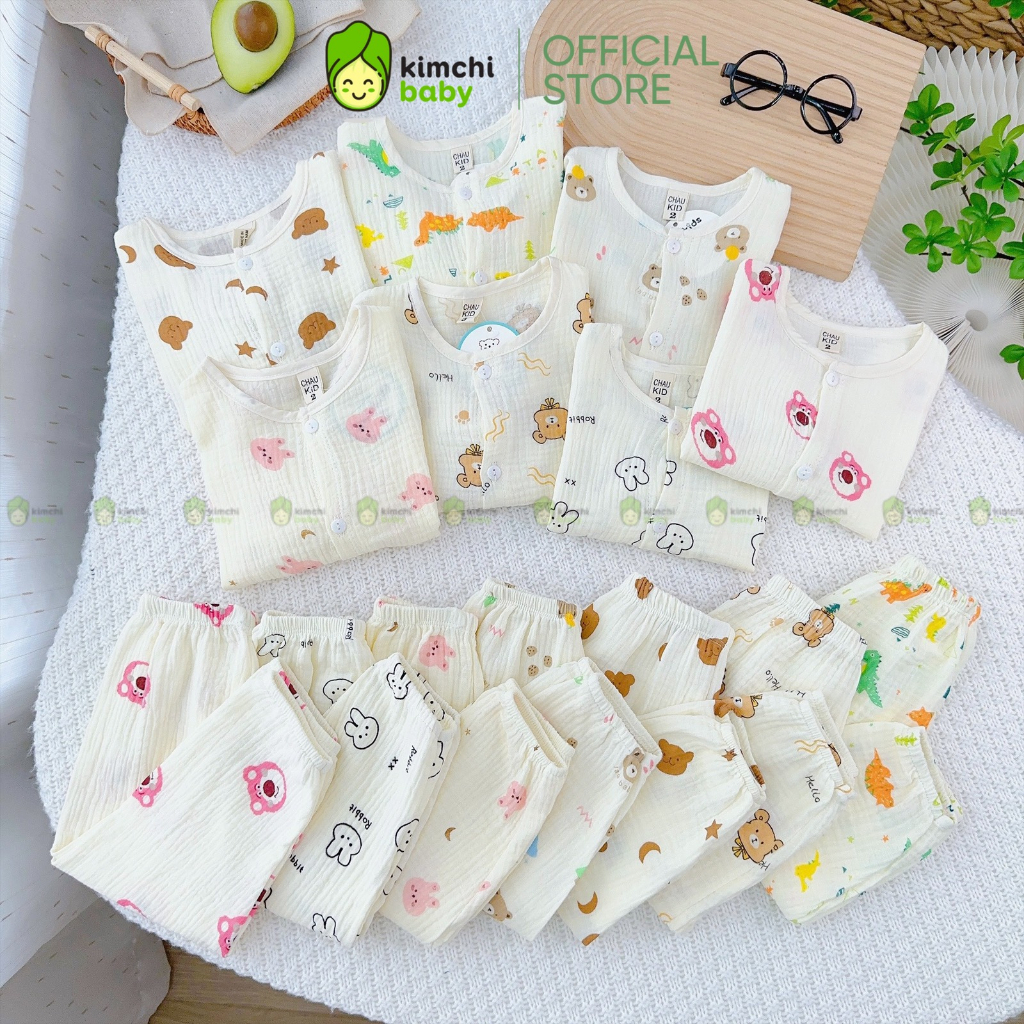 Đồ Bộ Bé Gái, Bé Trai Vải Muslin Mềm Mịn Hoạ Tiết Gấu Nâu, Bộ Quần Áo Cho Bé Mặc Nhà Thu Đông CKTD301