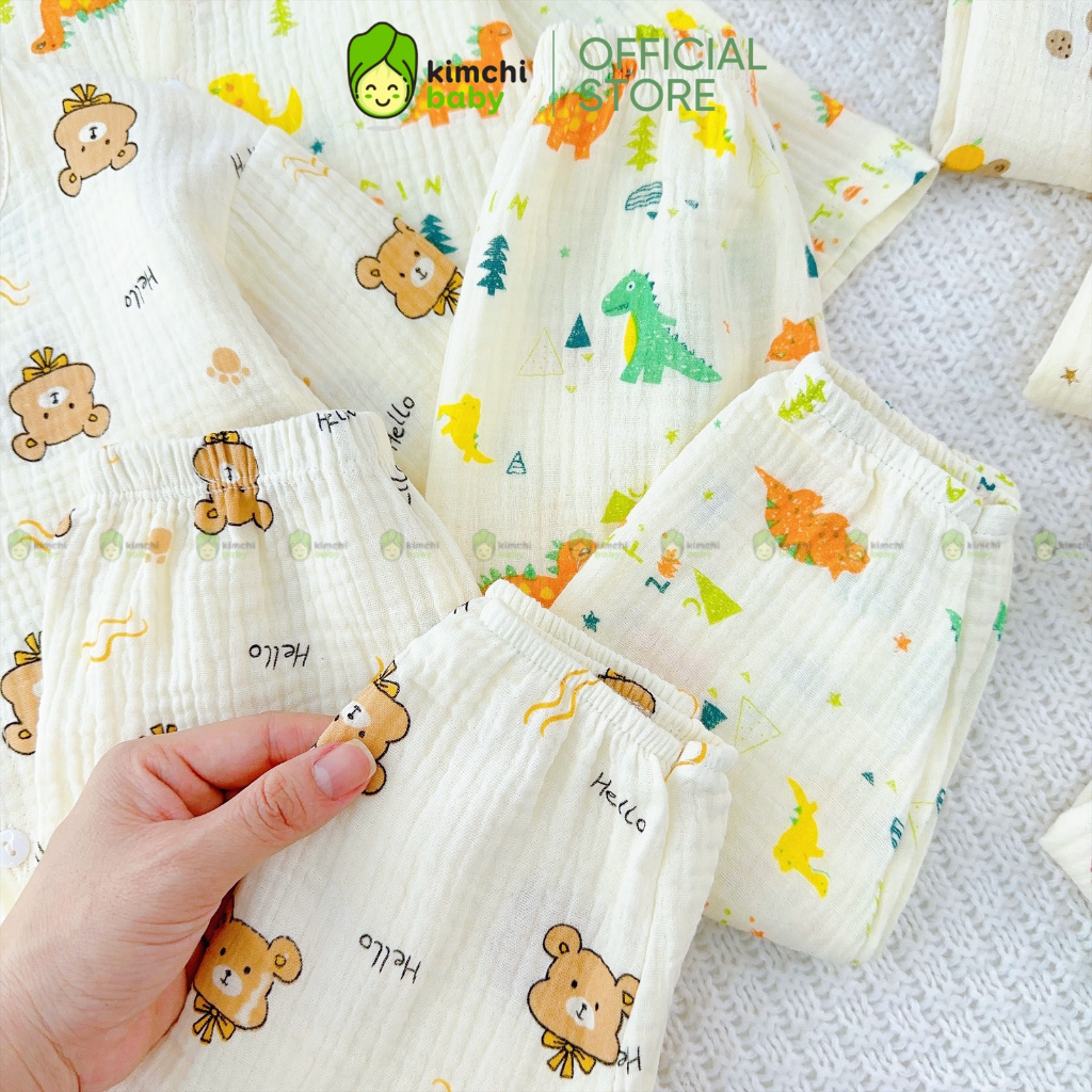 Bộ Dài Tay Bé Trai, Bé Gái Vải Muslin Mềm Mịn Hoạ Tiết Gấu Nâu, Đồ Bộ Cho Bé Mặc Nhà Thu Đông CKTD301