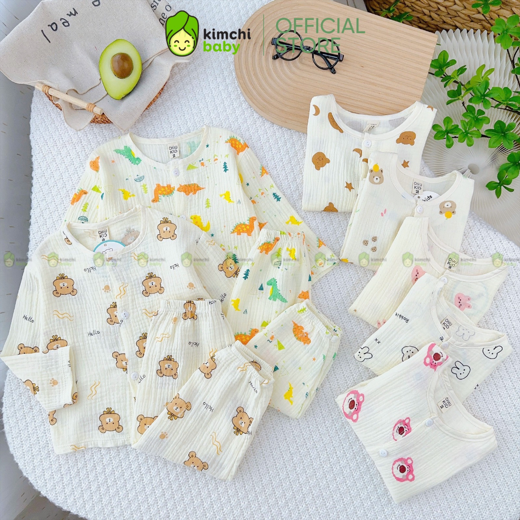 Bộ Dài Tay Bé Trai, Bé Gái Vải Muslin Mềm Mịn Hoạ Tiết Gấu Nâu, Đồ Bộ Cho Bé Mặc Nhà Thu Đông CKTD301