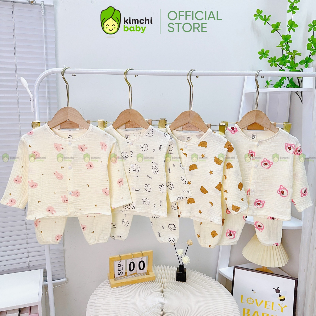 Bộ Dài Tay Bé Trai, Bé Gái Vải Muslin Mềm Mịn Hoạ Tiết Gấu Nâu, Đồ Bộ Cho Bé Mặc Nhà Thu Đông CKTD301