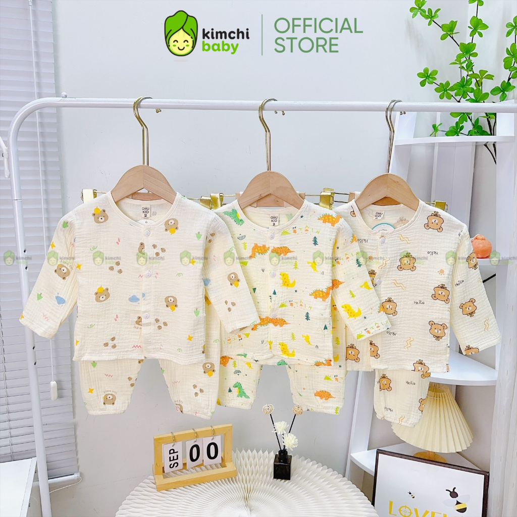 Bộ Dài Tay Bé Trai, Bé Gái Vải Muslin Mềm Mịn Hoạ Tiết Gấu Nâu, Đồ Bộ Cho Bé Mặc Nhà Thu Đông CKTD301
