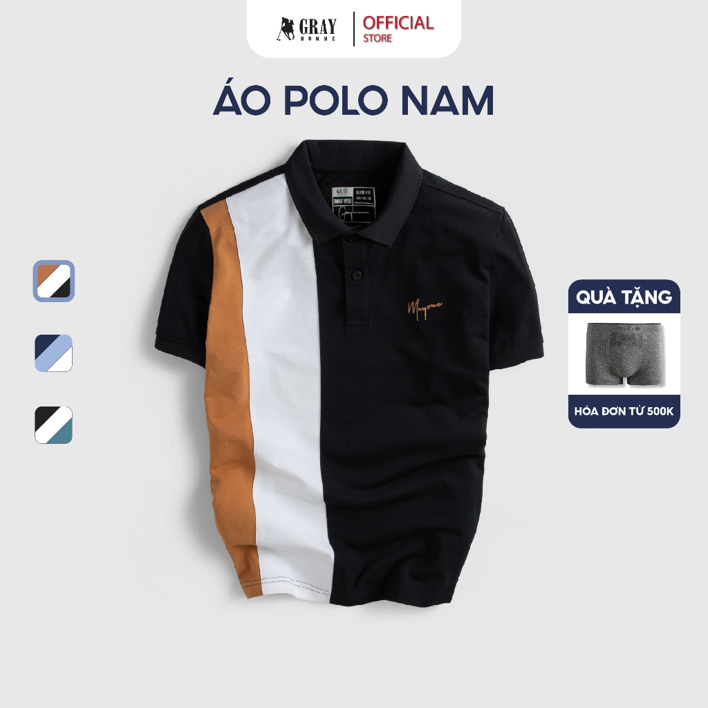 Áo Phông Polo Nam Phối Màu Dọc Thân GRAYHOMME Có Cổ Tay Ngắn Dáng Ôm Vải Cotton Cao Cấp TPM3010