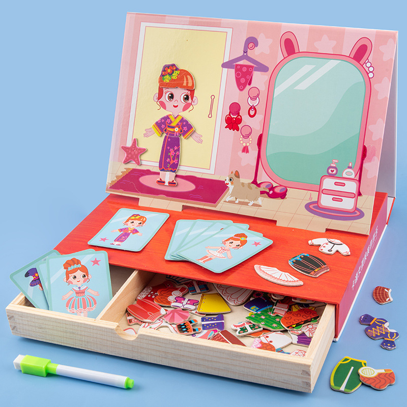 Đồ chơi ghép hình nam châm thiết kế thời trang công chúa bằng gỗ cho bé Loại 1 2 ngăn, Đồ chơi thay trang phục công chúa