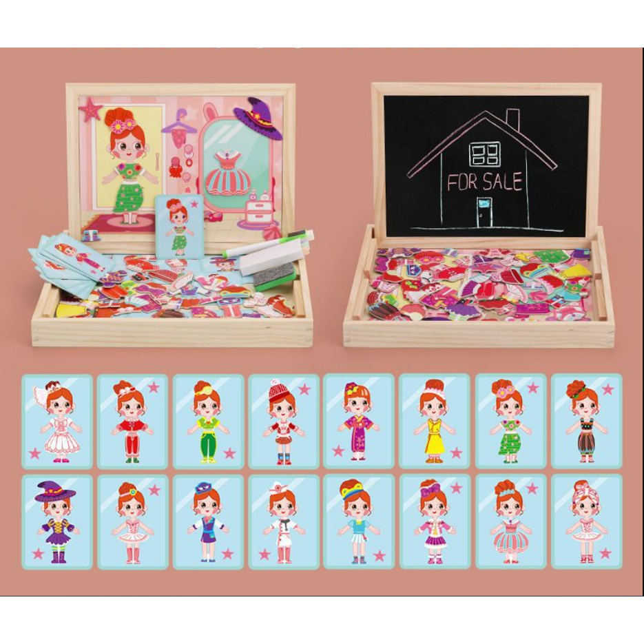 Đồ chơi ghép hình nam châm thiết kế thời trang công chúa bằng gỗ cho bé Loại 1 2 ngăn, Đồ chơi thay trang phục công chúa