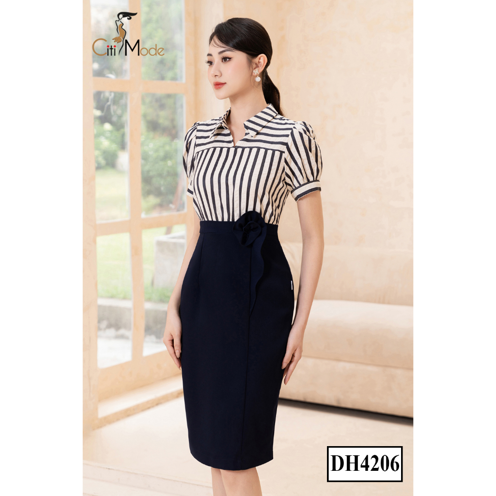 Đầm công sở CITI MODE FASHION thiết kế ôm xanh phối sơ mi kẻ đính hoa eo DH4206