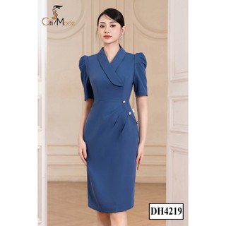Đầm công sở CITI MODE FASHION thiết kế ôm xanh cổ vest nhún hông đính cúc DH4219