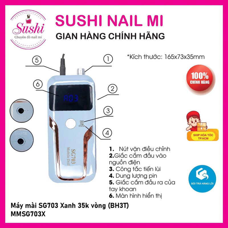 Máy mài móng tích điện SG703 35,000 vòng bảo hành 3 tháng – Sushi nail mi
