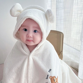 Chăn Khăn ủ choàng lông tuyết có mũ cho bé thêu hình gấu style Hàn Quốc