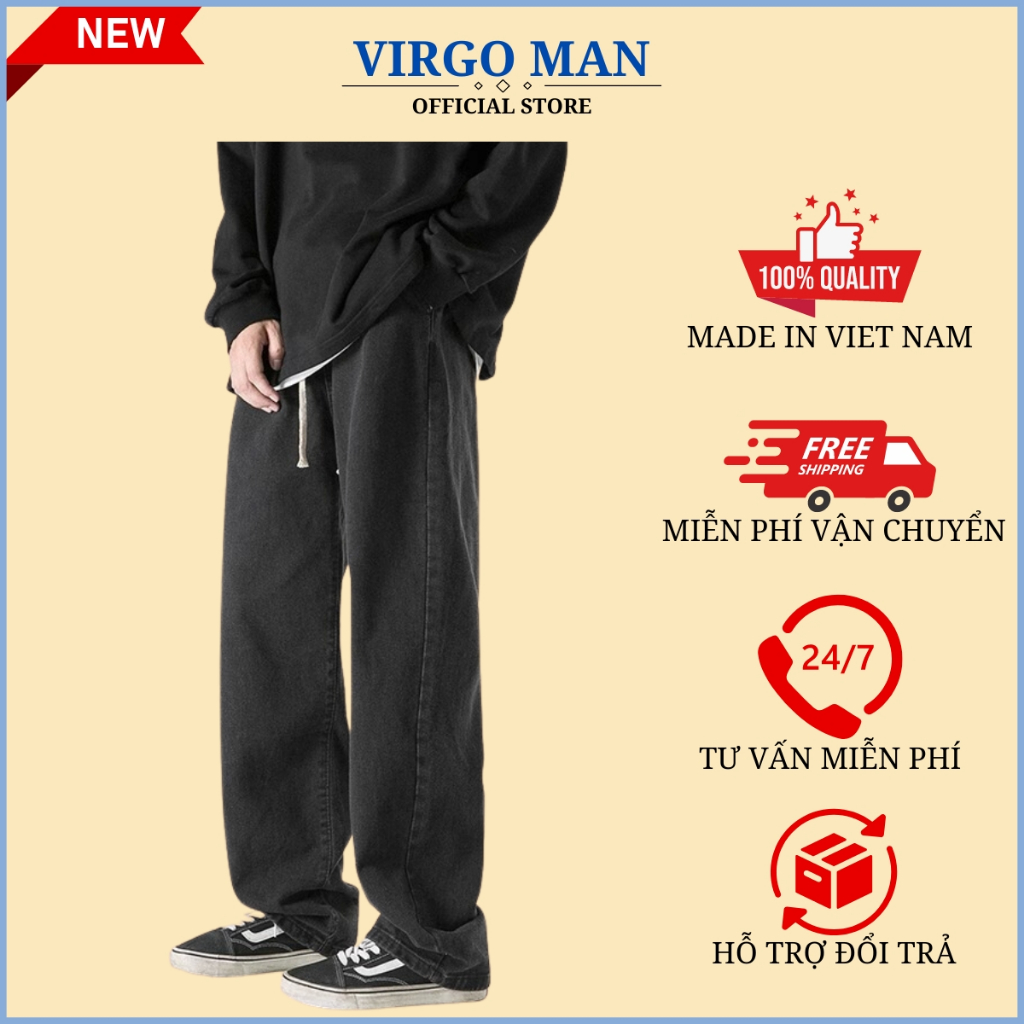 Quần jean nam ống rộng cạp chun phong cách Hàn Quốc mới 2023–VIRGO MAN-Quần baggy nam ống suông có dây rút bản to