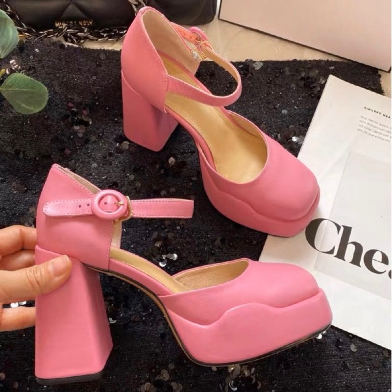 ORDER 🍂 Giày gót trụ mũi tròn da trơn da lộn phối viền 34-39 9cm