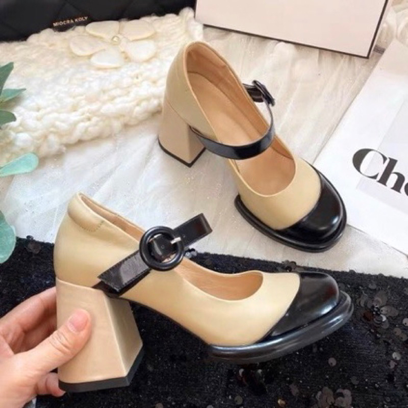 ORDER 🍓 Giày gót trụ mũi phối da bò mềm quai cài 8cm