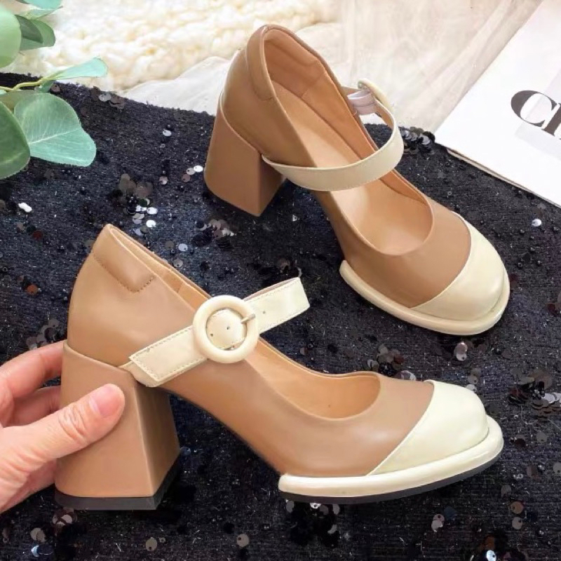 ORDER 🍓 Giày gót trụ mũi phối da bò mềm quai cài 8cm