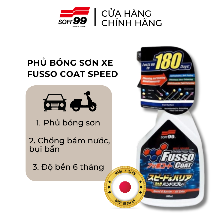 Phủ Bóng, Chống Bám Nước Sơn Ôtô Độ Bền 6 Tháng Cao Cấp Fusso Coat Speed & Barrier Hand Spray W-208 SOFT99 500ml