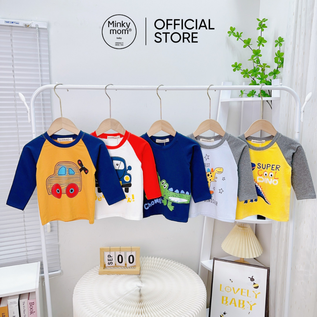 Áo Dài Tay Cho Bé Trai, Bé Gái KIMCHIBABY Vải Cotton Tay Raglan Hoạ Tiết Ô Tô,Áo Thun Cho Bé Mặc Thu Đông KCAD302