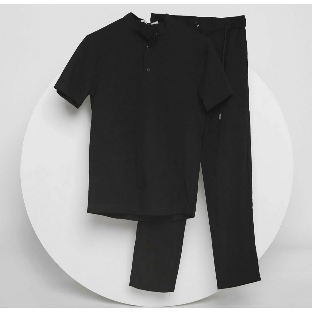 Bộ Quần Áo Đũi Nam Màu Đen Cổ bẻ chất vải đũi thái loại dày 1 màu