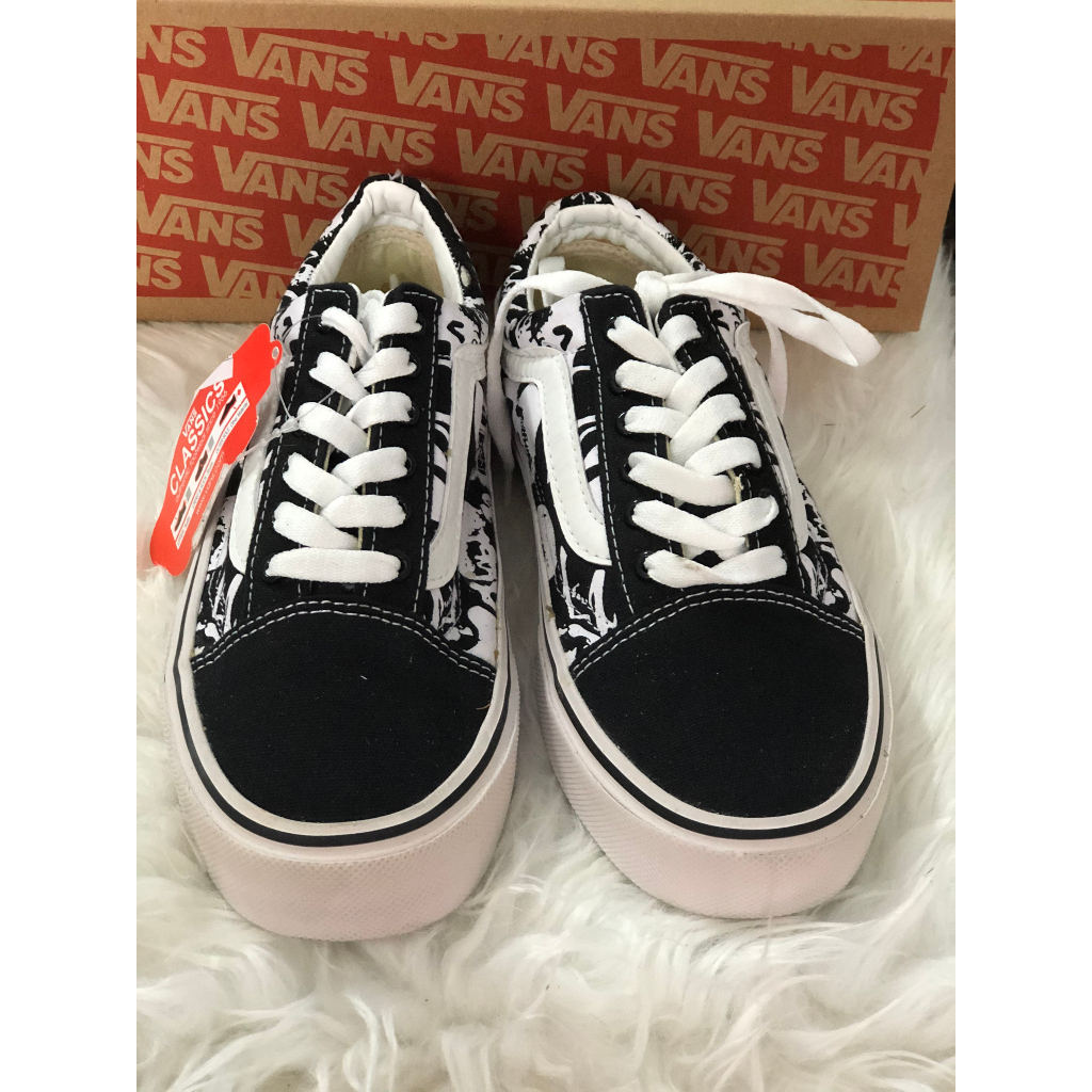 Giày sneakers VANS OLD SKOOL Cổ Thấp In Hình Đầu Lâu Màu Trắng Đen Cá Tính Cho Nam Và Nữ
