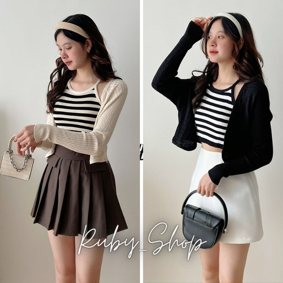 Sét 2 chi tiết áo Cadigan kèm áo 2 dây kẻ, Sét cadigan len kèm áo 2 dây kiểu dáng Croptop