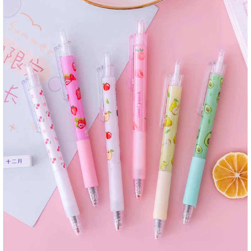 Bút bi bấm ngòi 0.5mm mực đen, set 6 bút viết sổ tay, bút gel cute họa tiết hoạt hình dễ thương