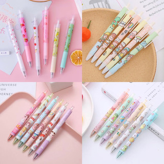 Bút bi bấm ngòi 0.5mm mực đen, set 6 bút viết sổ tay, bút gel cute họa tiết hoạt hình dễ thương