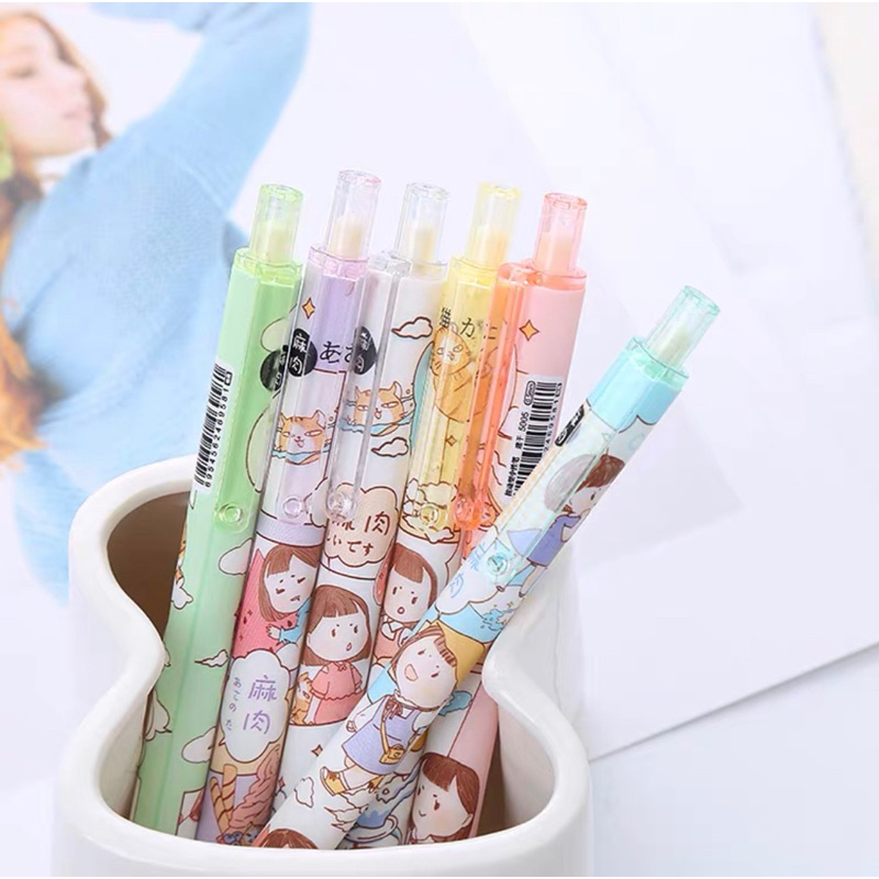 Bút bi bấm ngòi 0.5mm mực đen, set 6 bút viết sổ tay, bút gel cute họa tiết hoạt hình dễ thương