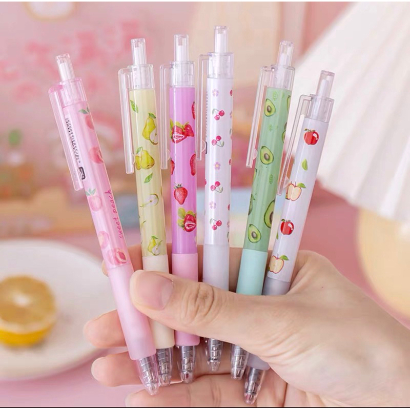 Bút bi bấm ngòi 0.5mm mực đen, set 6 bút viết sổ tay, bút gel cute họa tiết hoạt hình dễ thương