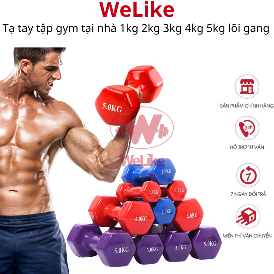 Tạ tay Welike - Tạ tập gym yoga thể dục tại nhà 1kg 2kg 3kg 4kg 5kg lõi gang bọc cao su cao cấp chống xước vỡ sàn nhà