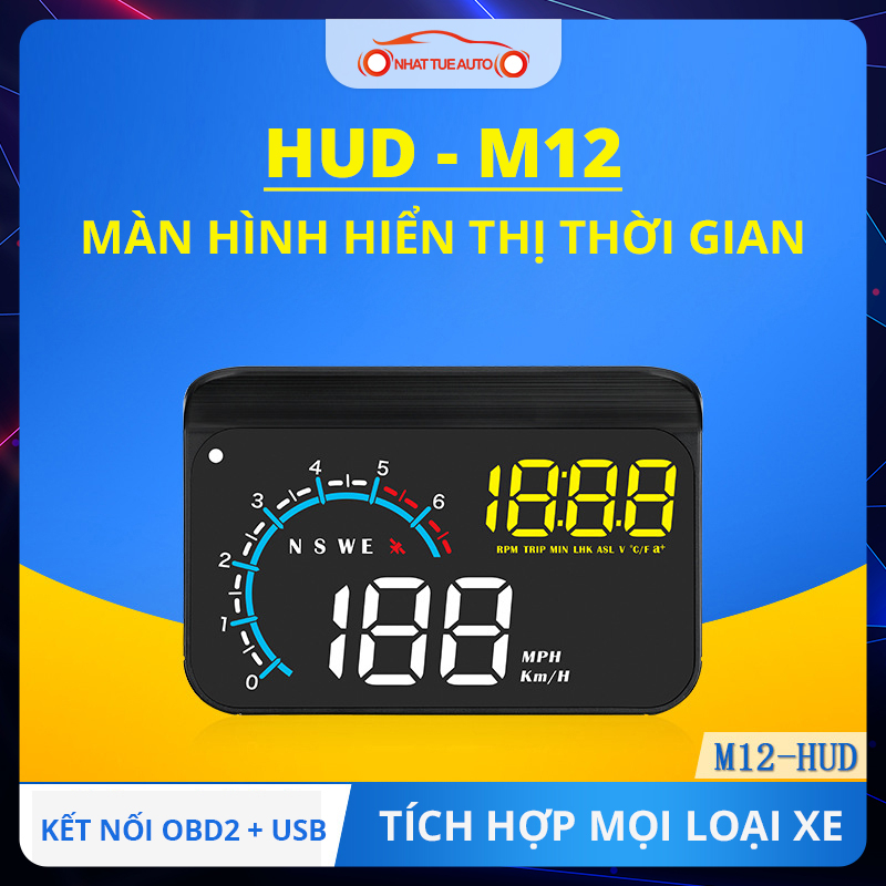 MÀN HÌNH HIỂN THỊ THỜI GIAN HUD - M12 KẾT NỐI OBD2 + USB TÍCH HỢP MỌI LOẠI XE
