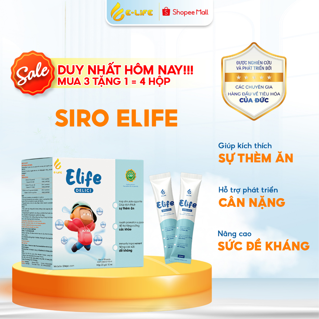 Siro Elife cải thiện biếng ăn, lười ăn, tiêu hóa khỏe, tăng cân và chiều cao Hộp 20 gói cho trẻ và bé từ 6 tháng trở lên