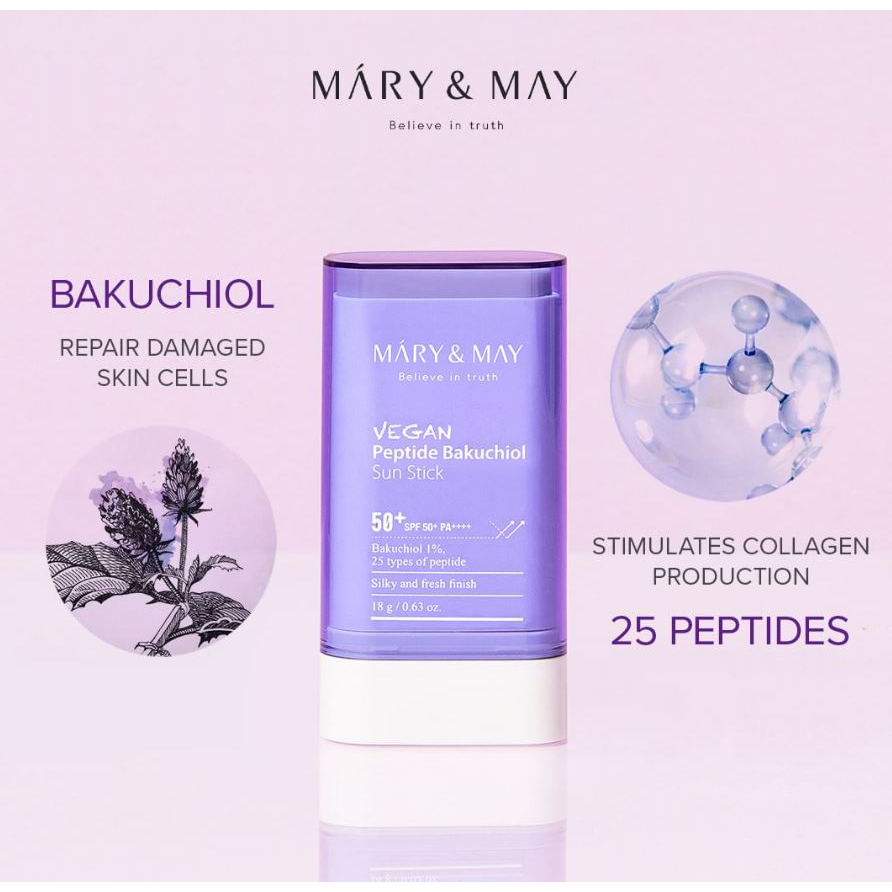 Thanh lăn chống nắng Mary&May Vegan Peptide Bakuchiol Sun Stick SPF50+ PA++++ ngăn ngừa lão hóa, nhanh chóng, tiện lợi