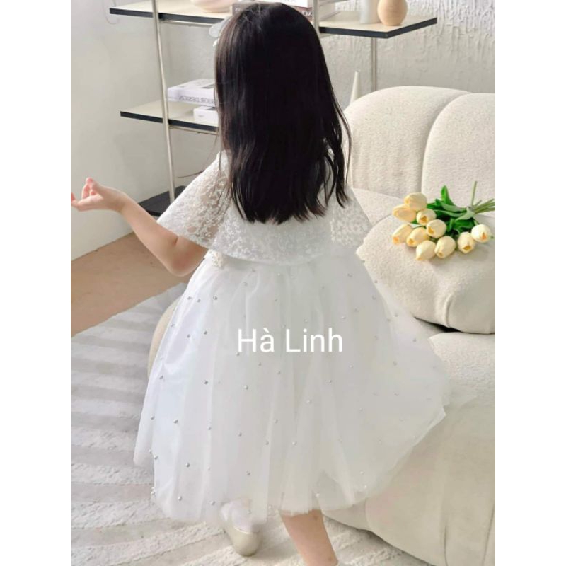 Váy thiết kế công chúa bé gái, đầm ren ngọc kèm áo choàng ren cho bé.