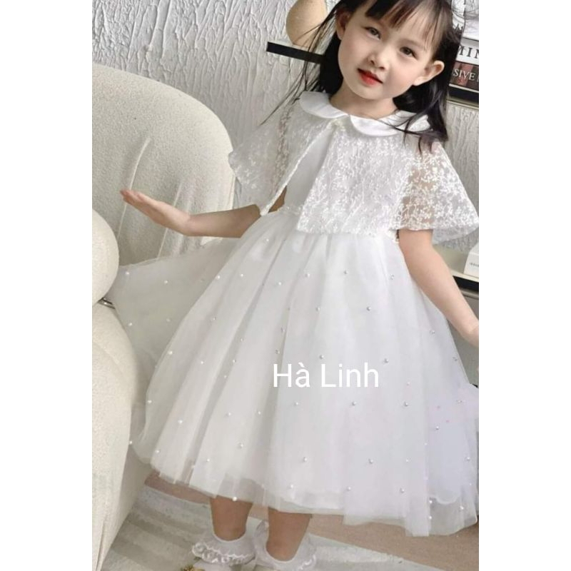 Váy thiết kế công chúa bé gái, đầm ren ngọc kèm áo choàng ren cho bé.