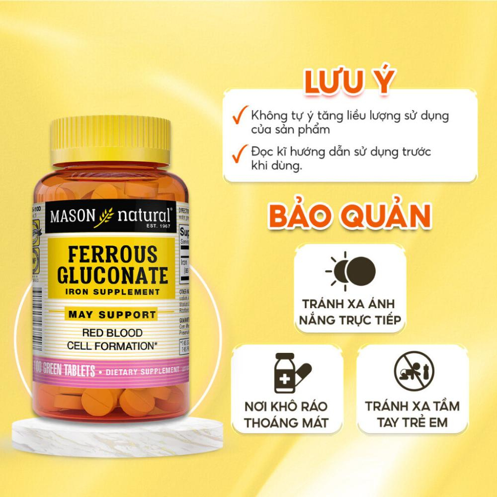 Viên Uống Bổ Máu, Tăng Tế Bào Hồng Cầu Mason Natural Ferrouse Gluconate 100 Viên