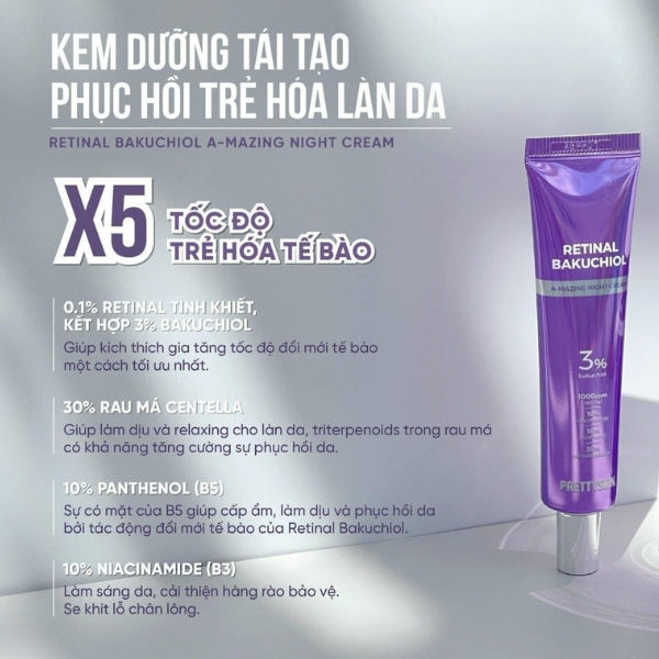 Prettyskin ,Retinol, kem dưỡng Pretty Skin retinal bakuchiol A-mazing night cream,tái tạo trẻ hóa , căng bóng đều màu da