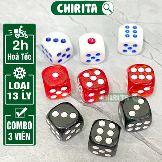 Combo 3 viên xúc xắc xí ngầu 13 ly loại tốt, combo 3 viên xúc xắc 13 ly 6 mặt, xí ngầu trong suốt - đồ chơi chirita