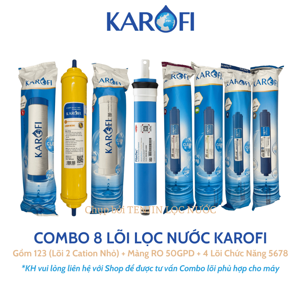 Combo 8 Lõi Lọc Nước Karofi Gồm Lõi 123 (Lõi 2 Cation Nhỏ) - Màng RO Dupont 50GPD - 4 Lõi Chức Năng 