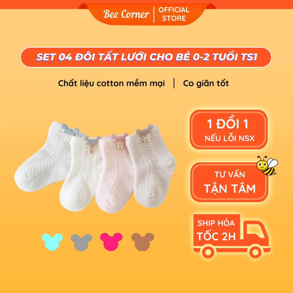 Set 04 Đôi Tất Lưới Cho Bé Chất Liệu Cotton Mềm Mịn, Vớ Cho Bé Beecorner TS1