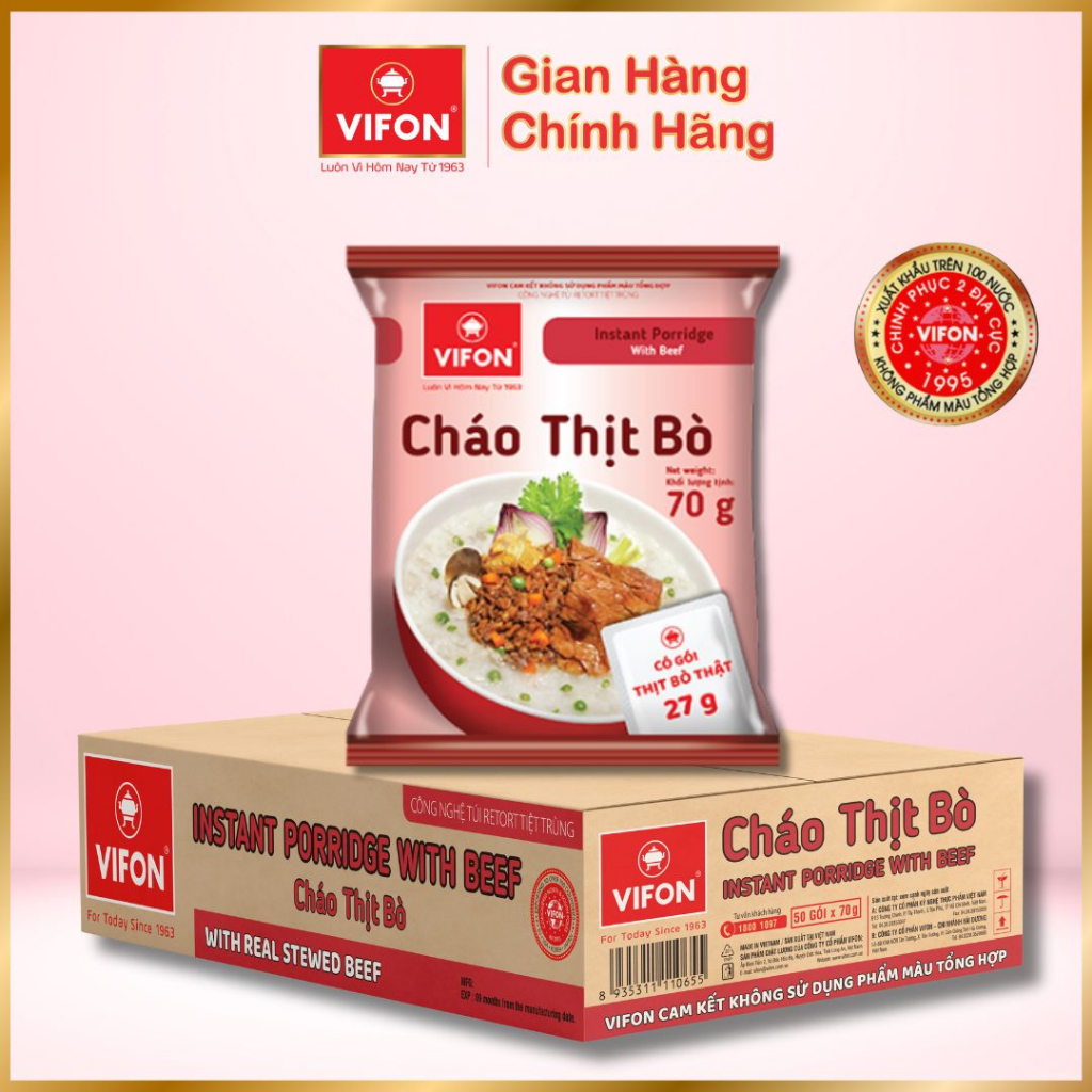 Thùng 50 gói Cháo Thịt Bò/ Thịt Bằm/ Sườn/ Trứng Muối/ Nấm Đông Cô VIFON có Gói Thịt Thật  70gr / Gói